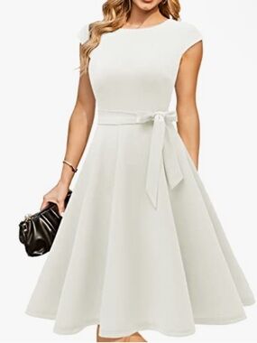 Classic Ivory Fit-and-Flare Midi Dress with Waist Tie